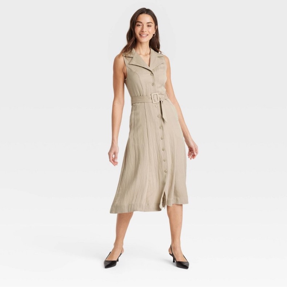 Women's Tie-Waist Midi Shirtdress - A New Day Khaki